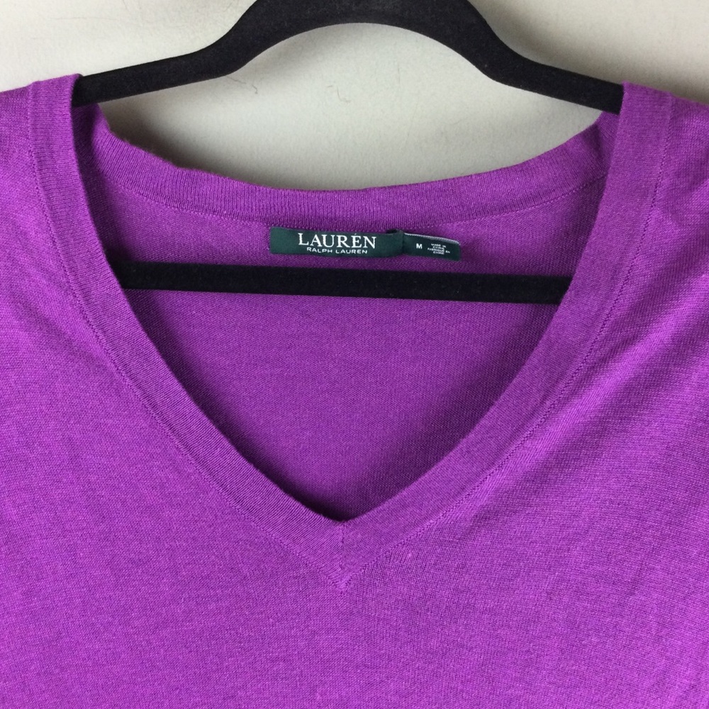 LAUREN RL High Low V-Neck Silk Purple Sweater - Picture 4 of 9